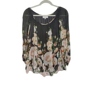 Belle France Women's Sz M Grey Pink Floral V Neck Silk Long Sleeve Top Sheer